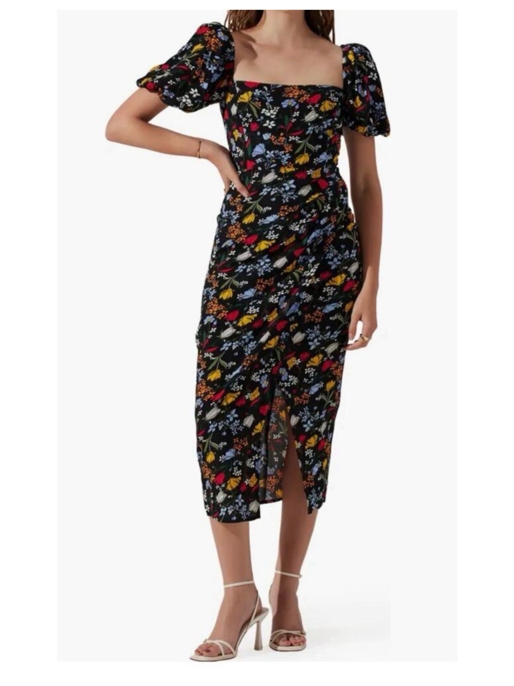 Astr Black Floral Midi Dress with Multicolor Blooms